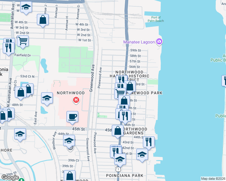 map of restaurants, bars, coffee shops, grocery stores, and more near 618 53rd Street in West Palm Beach
