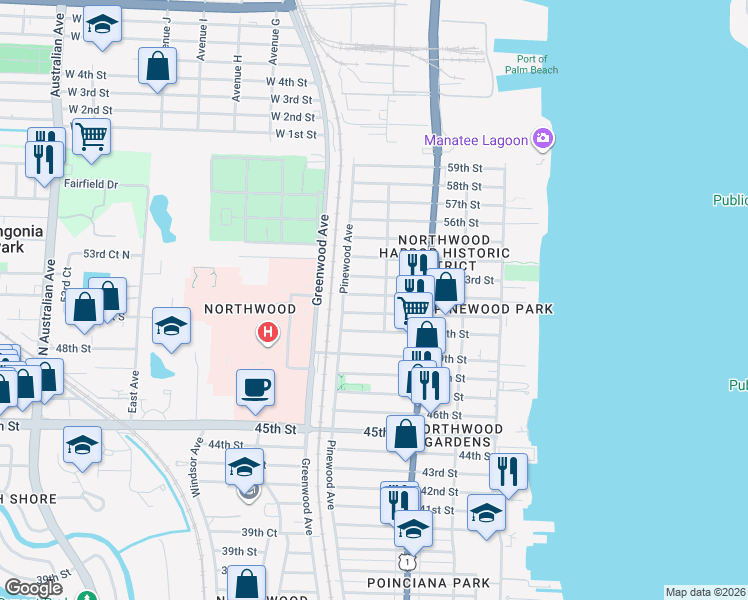 map of restaurants, bars, coffee shops, grocery stores, and more near 713 52nd Street in West Palm Beach