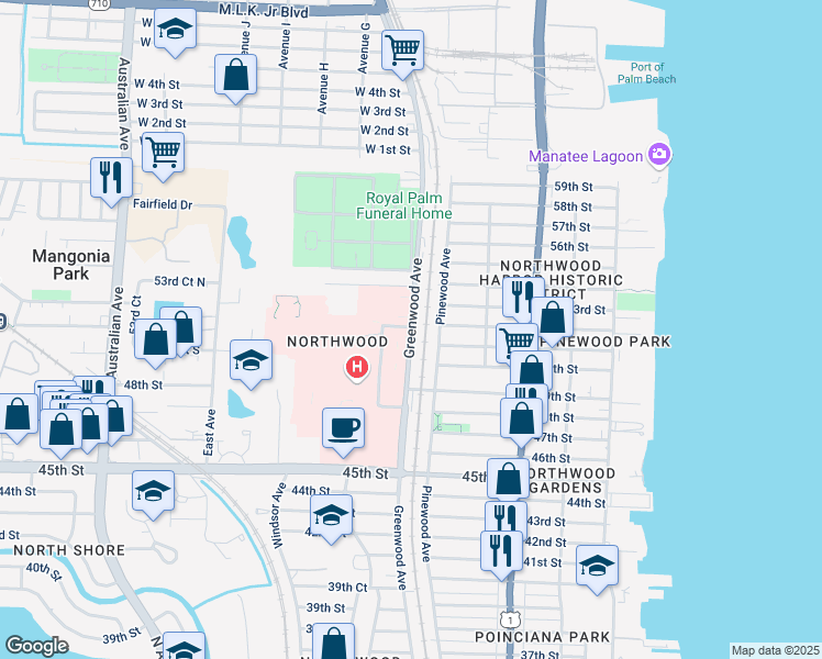 map of restaurants, bars, coffee shops, grocery stores, and more near 5325 Greenwood Avenue in West Palm Beach