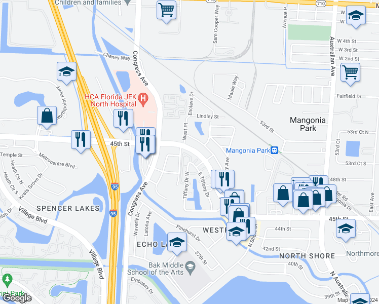 map of restaurants, bars, coffee shops, grocery stores, and more near in Mangonia Park