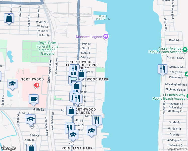 map of restaurants, bars, coffee shops, grocery stores, and more near 331 53rd Street in West Palm Beach
