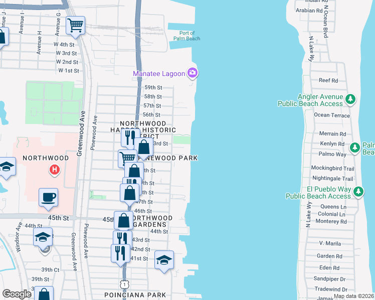 map of restaurants, bars, coffee shops, grocery stores, and more near 300 53rd Street in West Palm Beach