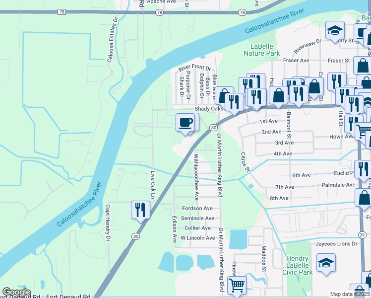 map of restaurants, bars, coffee shops, grocery stores, and more near 930 Aqua Isles Boulevard in LaBelle