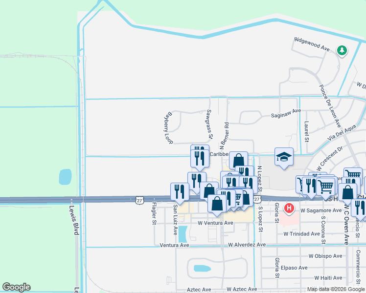 map of restaurants, bars, coffee shops, grocery stores, and more near 1006 Bayberry Loop in Clewiston