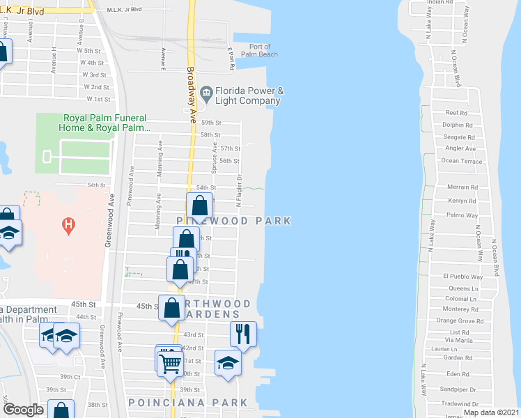 map of restaurants, bars, coffee shops, grocery stores, and more near 300 53rd Street in West Palm Beach