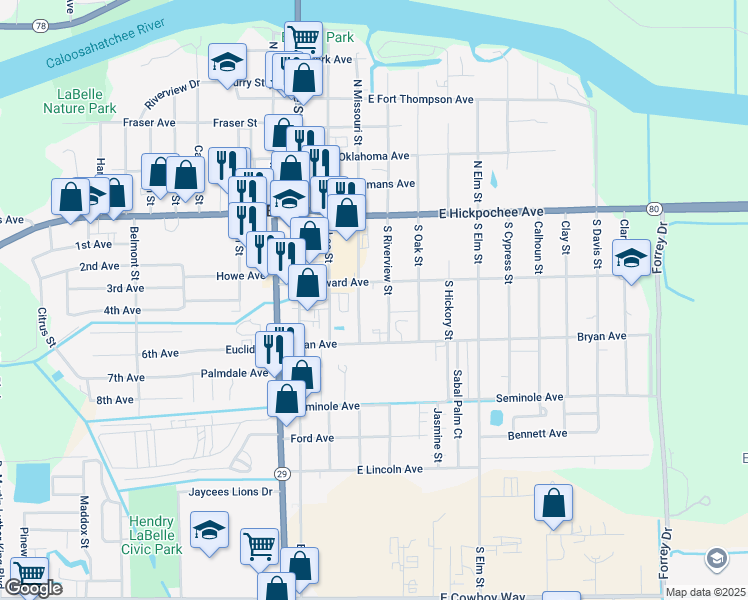 map of restaurants, bars, coffee shops, grocery stores, and more near 250 Broward Avenue in LaBelle