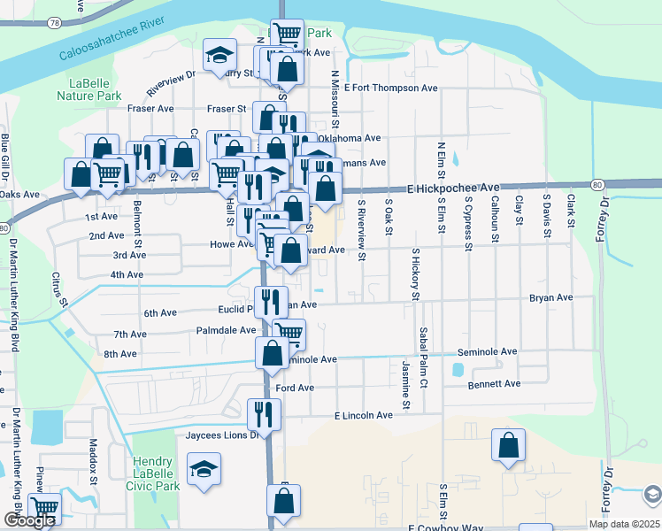 map of restaurants, bars, coffee shops, grocery stores, and more near 250 Broward Avenue in LaBelle