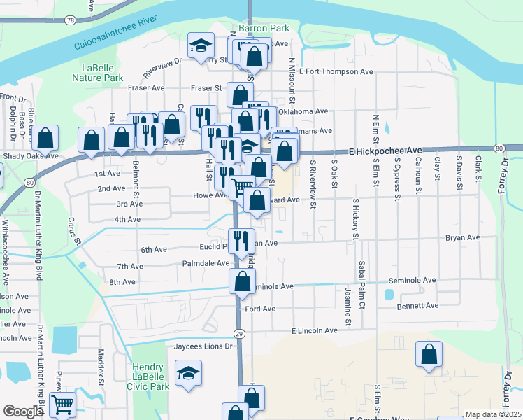 map of restaurants, bars, coffee shops, grocery stores, and more near 201 South Bridge Street in LaBelle