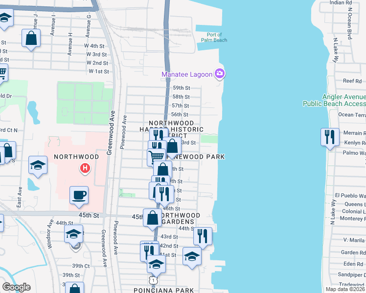 map of restaurants, bars, coffee shops, grocery stores, and more near 5308 Spruce Avenue in West Palm Beach