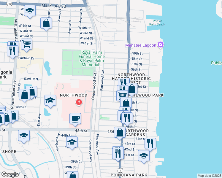 map of restaurants, bars, coffee shops, grocery stores, and more near 713 52nd Street in West Palm Beach