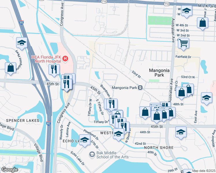 map of restaurants, bars, coffee shops, grocery stores, and more near 1705 Boardman Avenue in West Palm Beach