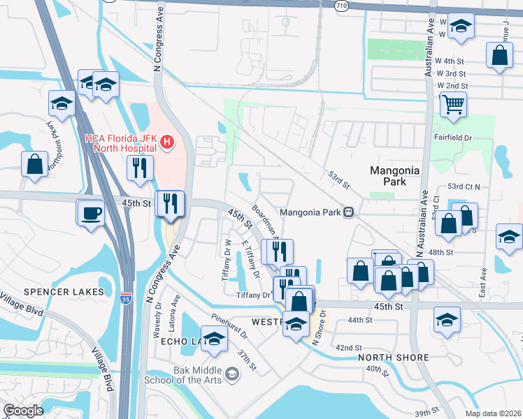 map of restaurants, bars, coffee shops, grocery stores, and more near 1705 Boardman Avenue in West Palm Beach