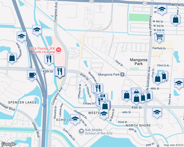 map of restaurants, bars, coffee shops, grocery stores, and more near 1705 Boardman Avenue in West Palm Beach
