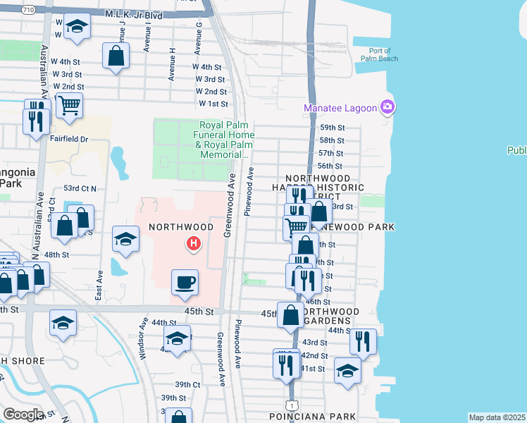 map of restaurants, bars, coffee shops, grocery stores, and more near 713 52nd Street in West Palm Beach
