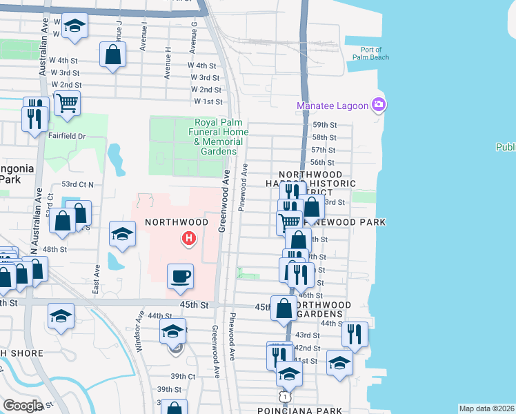 map of restaurants, bars, coffee shops, grocery stores, and more near 713 52nd Street in West Palm Beach