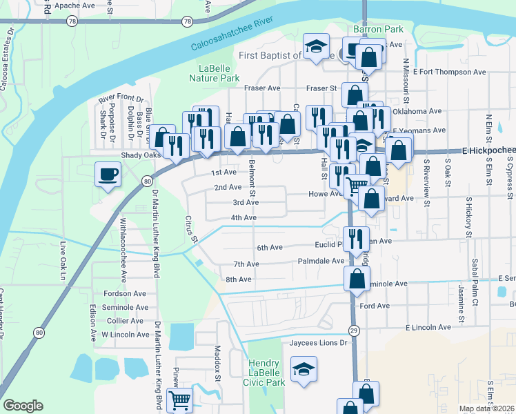 map of restaurants, bars, coffee shops, grocery stores, and more near 207 Belmont St in LaBelle