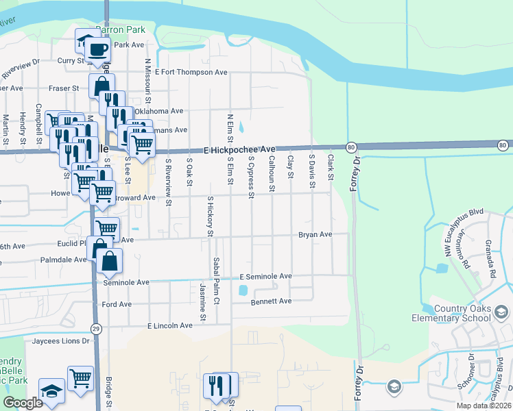 map of restaurants, bars, coffee shops, grocery stores, and more near 222 Calhoun Street in LaBelle