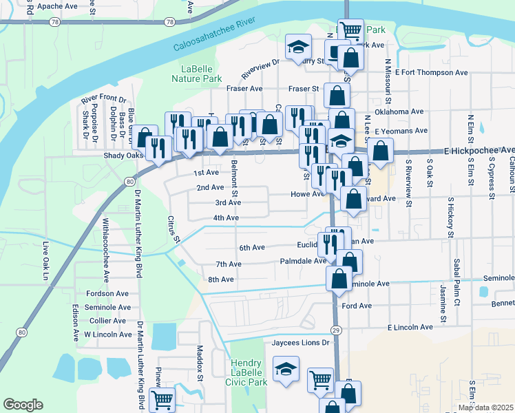 map of restaurants, bars, coffee shops, grocery stores, and more near 261 3rd Avenue in LaBelle