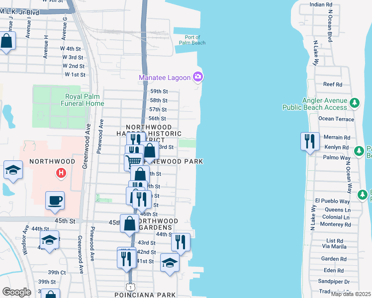 map of restaurants, bars, coffee shops, grocery stores, and more near 331 53rd Street in West Palm Beach