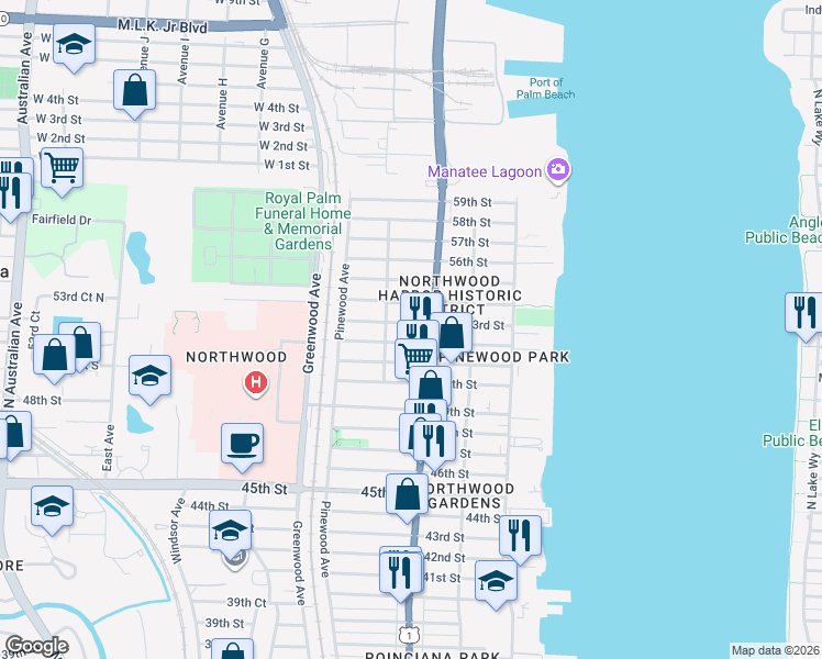 map of restaurants, bars, coffee shops, grocery stores, and more near 618 53rd Street in West Palm Beach