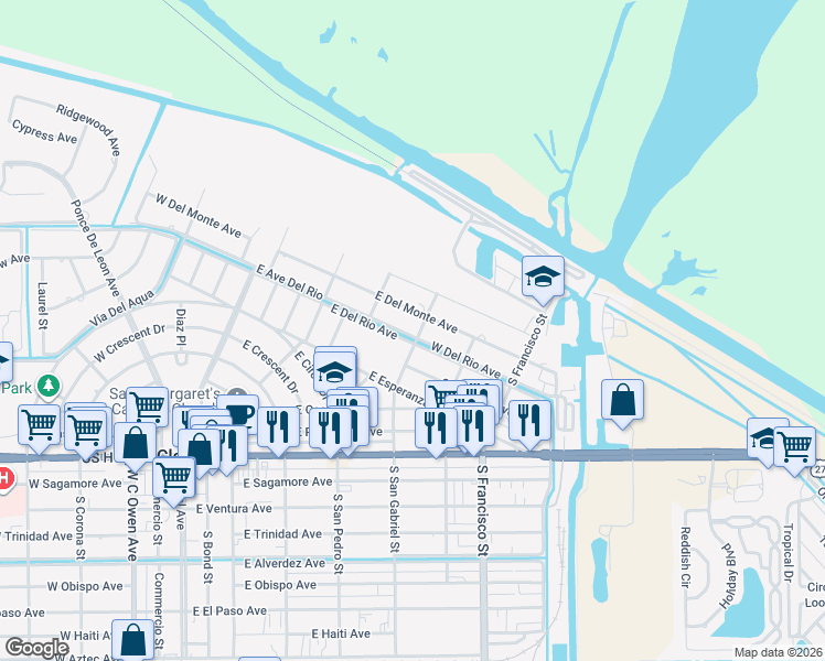 map of restaurants, bars, coffee shops, grocery stores, and more near 545 West Del Rio Avenue in Clewiston