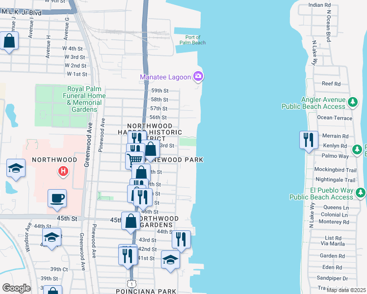 map of restaurants, bars, coffee shops, grocery stores, and more near 331 53rd Street in West Palm Beach