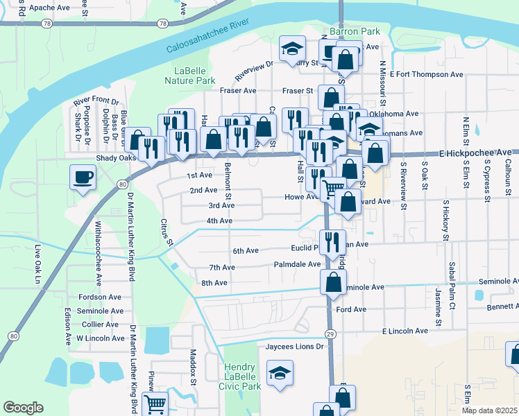 map of restaurants, bars, coffee shops, grocery stores, and more near 261 3rd Avenue in LaBelle