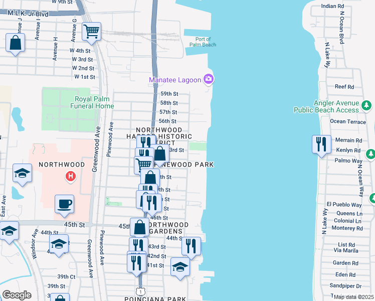 map of restaurants, bars, coffee shops, grocery stores, and more near 331 53rd Street in West Palm Beach