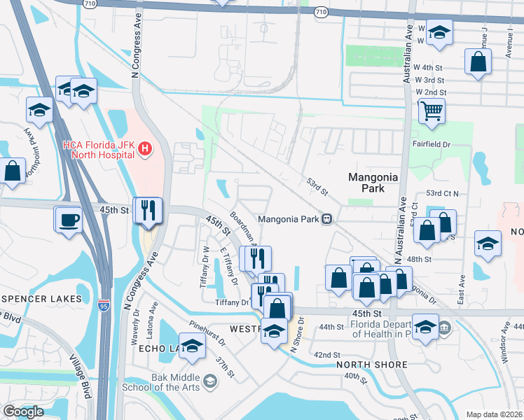 map of restaurants, bars, coffee shops, grocery stores, and more near 1601 Crandon Avenue in West Palm Beach