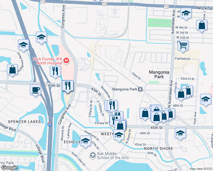map of restaurants, bars, coffee shops, grocery stores, and more near 1705 Boardman Avenue in West Palm Beach