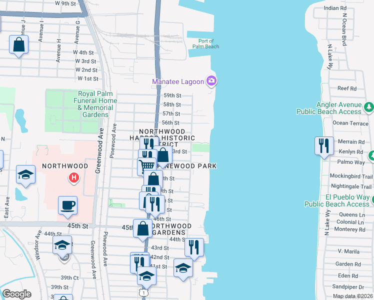map of restaurants, bars, coffee shops, grocery stores, and more near 424 53rd Street in West Palm Beach