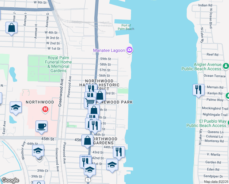 map of restaurants, bars, coffee shops, grocery stores, and more near 424 53rd Street in West Palm Beach