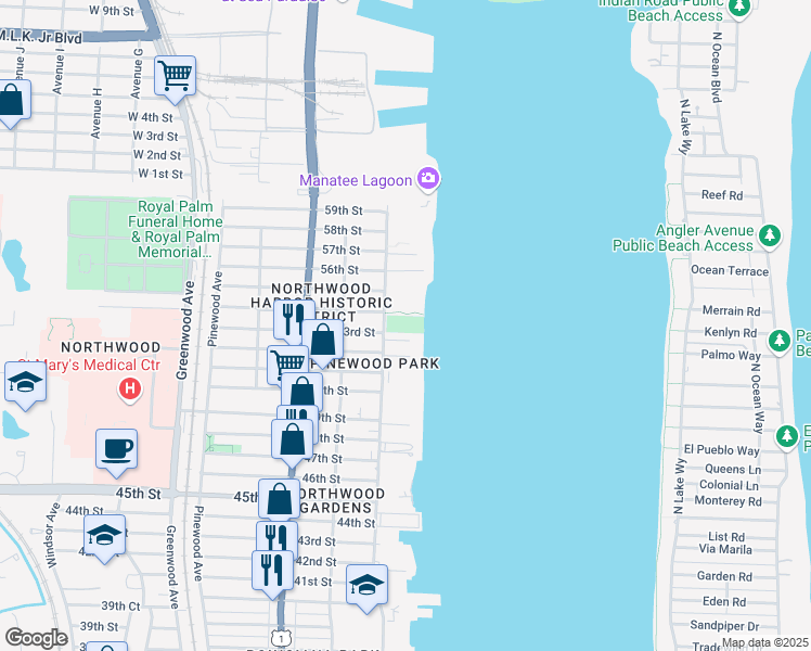 map of restaurants, bars, coffee shops, grocery stores, and more near 331 53rd Street in West Palm Beach