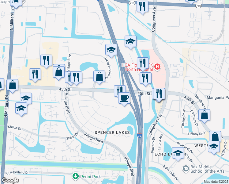 map of restaurants, bars, coffee shops, grocery stores, and more near 45th Street in West Palm Beach