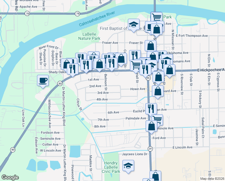 map of restaurants, bars, coffee shops, grocery stores, and more near 207 Belmont Street in LaBelle