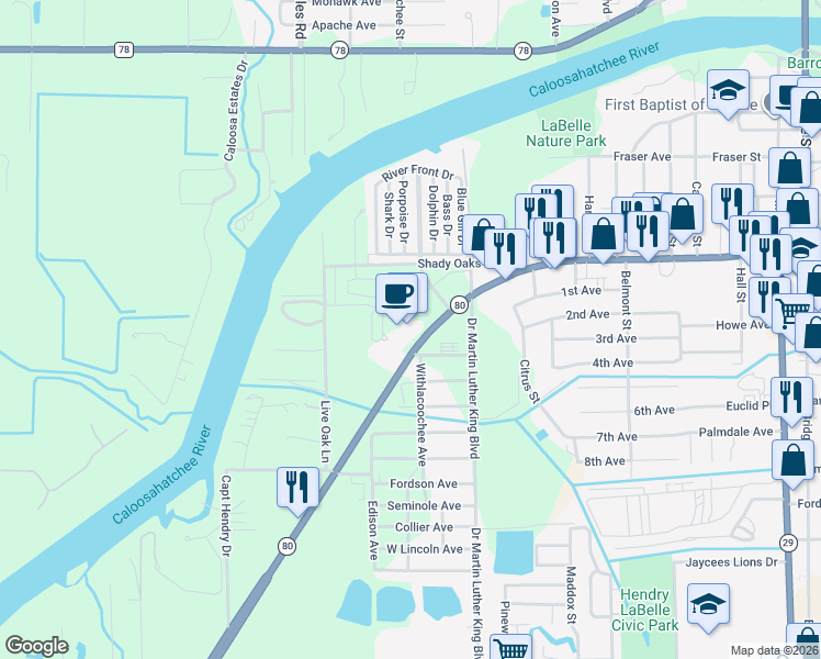 map of restaurants, bars, coffee shops, grocery stores, and more near 870 West Hickpochee Avenue in LaBelle