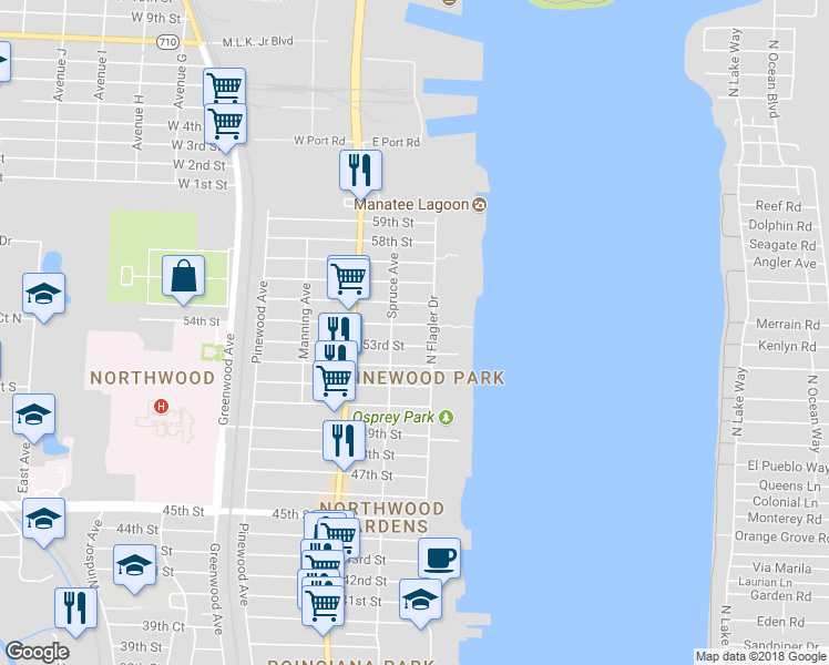 map of restaurants, bars, coffee shops, grocery stores, and more near 424 53rd Street in West Palm Beach