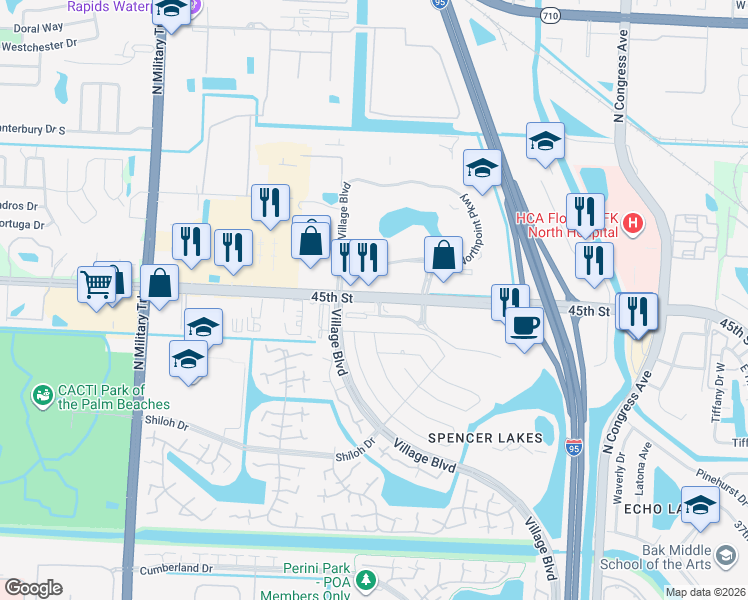 map of restaurants, bars, coffee shops, grocery stores, and more near 45th Street in West Palm Beach