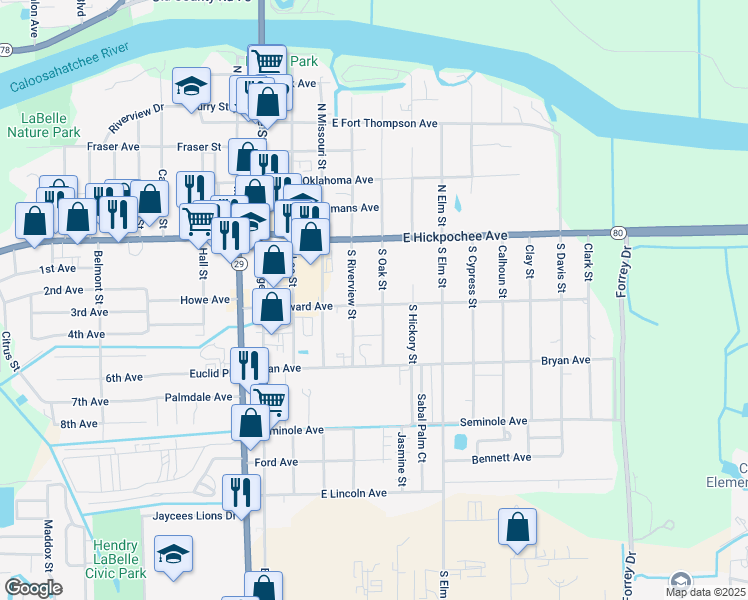 map of restaurants, bars, coffee shops, grocery stores, and more near 370 Broward Avenue in LaBelle