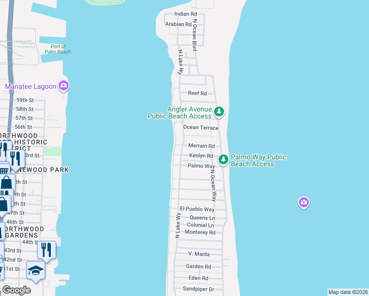 map of restaurants, bars, coffee shops, grocery stores, and more near 1295 North Lake Way in Palm Beach