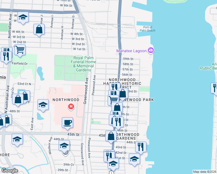 map of restaurants, bars, coffee shops, grocery stores, and more near 632 54th Street in West Palm Beach
