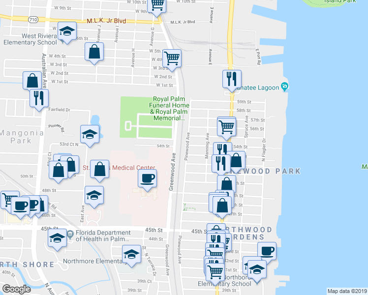 map of restaurants, bars, coffee shops, grocery stores, and more near 5507 Pinewood Avenue in West Palm Beach