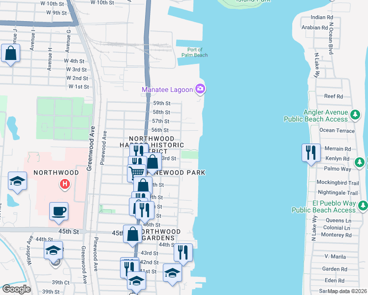 map of restaurants, bars, coffee shops, grocery stores, and more near in West Palm Beach