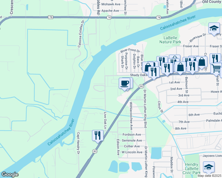 map of restaurants, bars, coffee shops, grocery stores, and more near 672 Live Oak Lane in LaBelle