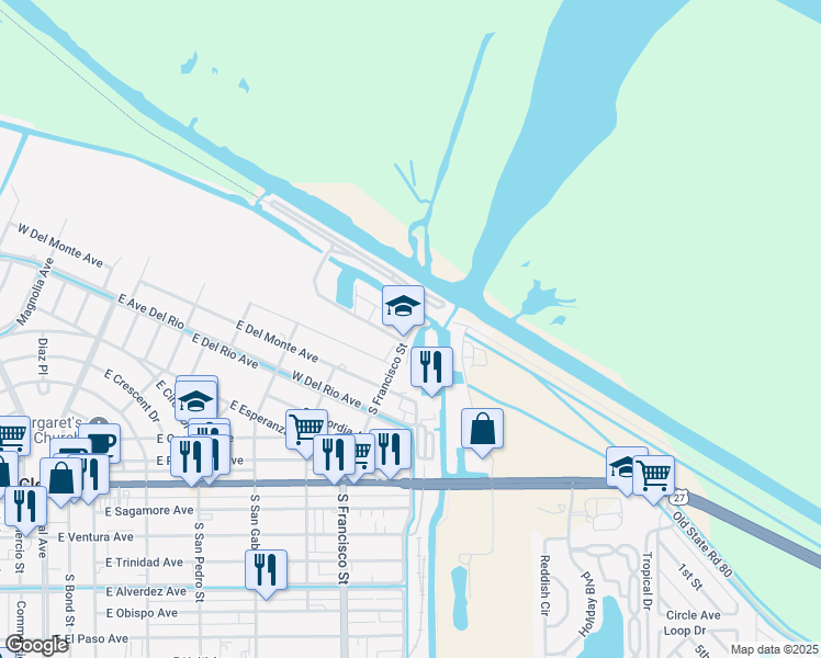 map of restaurants, bars, coffee shops, grocery stores, and more near 900 Francisco Street in Clewiston