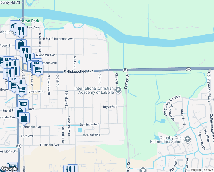 map of restaurants, bars, coffee shops, grocery stores, and more near 139 South Davis Street in LaBelle