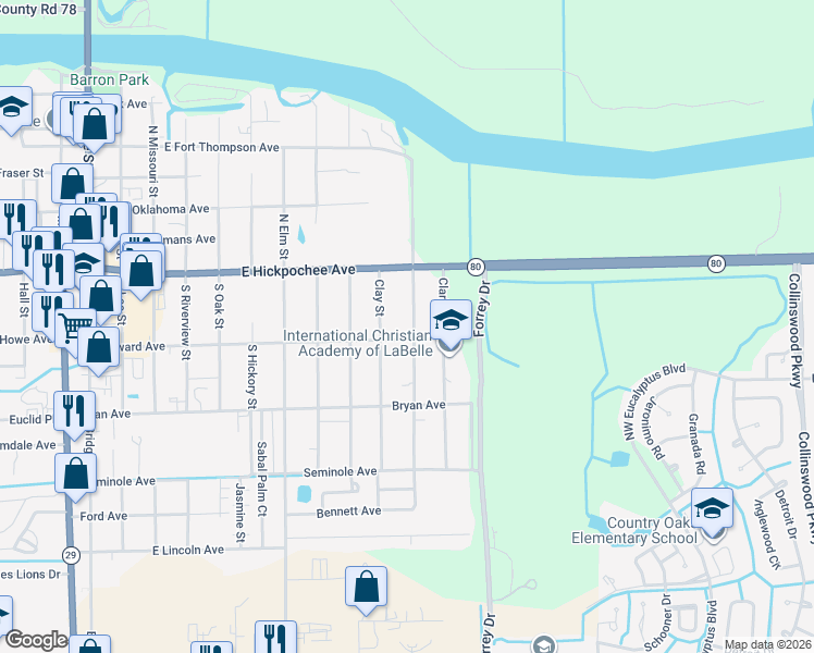 map of restaurants, bars, coffee shops, grocery stores, and more near 139 South Davis Street in LaBelle