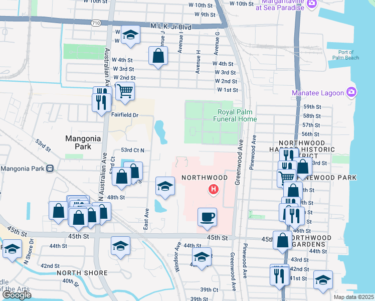 map of restaurants, bars, coffee shops, grocery stores, and more near 1101 54th Street in West Palm Beach