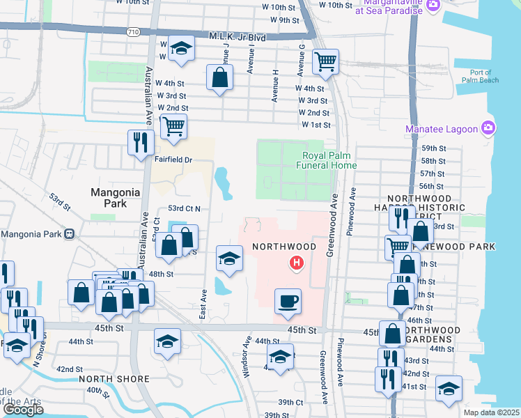 map of restaurants, bars, coffee shops, grocery stores, and more near 1101 54th Street in West Palm Beach