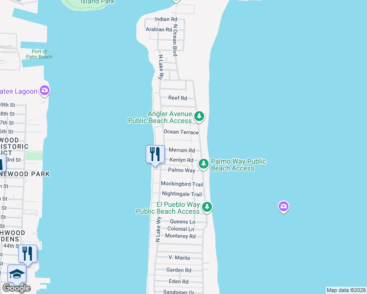 map of restaurants, bars, coffee shops, grocery stores, and more near 235 Merrain Road in Palm Beach